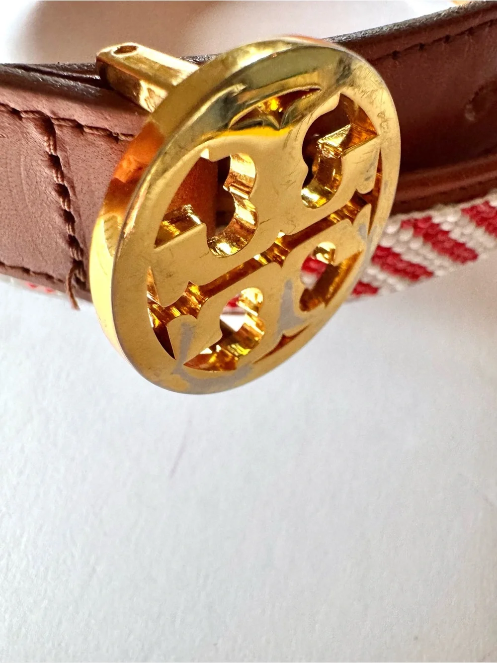 Tory Burch Cognac Leather Beaded Belt with Red and White Beads with TT Buckle XS